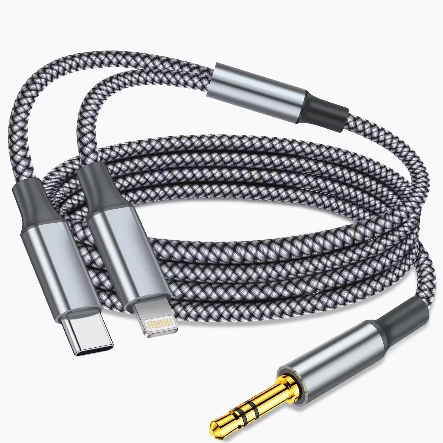 Aux Audio Cable for iPhone, 2 in 1 USB C to 3.5mm Aux Audio Lightning to 3.5mm Audio Cable Fit with iPhone 17 16 15 Plus/14/13/12/11/XR, Galaxy S24/S23/S22, Pixel 8/7/6, iPad to Car Stereo Speaker 4FT