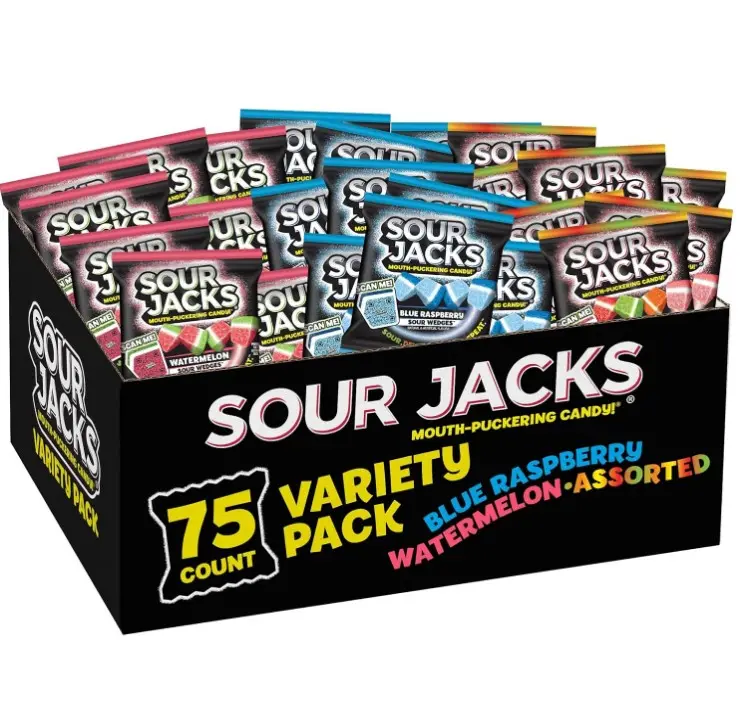 SOUR JACKS, Sour Gummy Candy, Variety Pack, 75 0.5 oz Snack-Size Pouches, Watermelon, Blue Raspberry, and Assorted Fruit, Individually Wrapped, Fat Free, Gluten Free