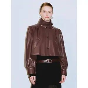 URBAN REVIVO 2026 Spring Women's Multi-Size Cropped Funnel Neck Faux Leather Long-Sleeve Polyester Jacket, Durable Fabric Outerwear, UWG150023 Womenswear Coat