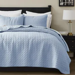 Baby Blue 100% Cotton Queen Size Bedding Sets with 2 Pillow Shams, Textured Lightweight Soft Bedspread Coverlet, Neutral Quilted Comforter Bed Cover for All Season, 3 Pieces