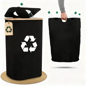 Trash Container for Kitchen Indoor Home, Large 26 Gallon 100L Recycle Bin with Lid Removeable Reusable Inner Bag Bamboo Collapsible, Tall Trash Bin, Evironmental Friendly, Durable Glass & Bottle Waste