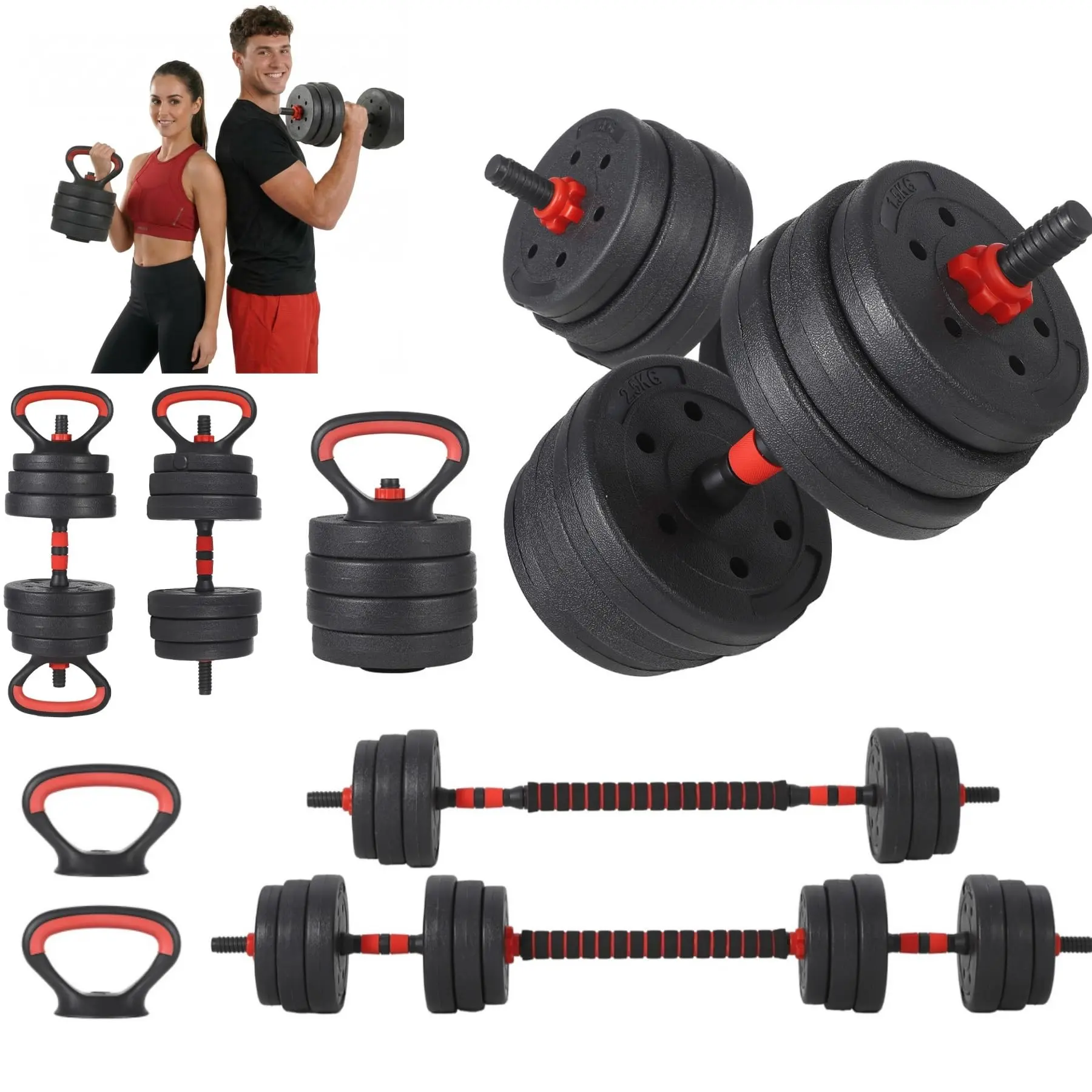 GAOMON 4-in-1 Adjustable Dumbbell Set (44lbs) – Weights Barbell-Kettlebell Combo with Push-Up Stands, Non-Slip Foam Handles, Space-Saving Home Gym Gear for Resistance, Arm Strength, Abs Training, Dumbbells Shoulder Press, Black/Red, Weights Dumbbell Set
