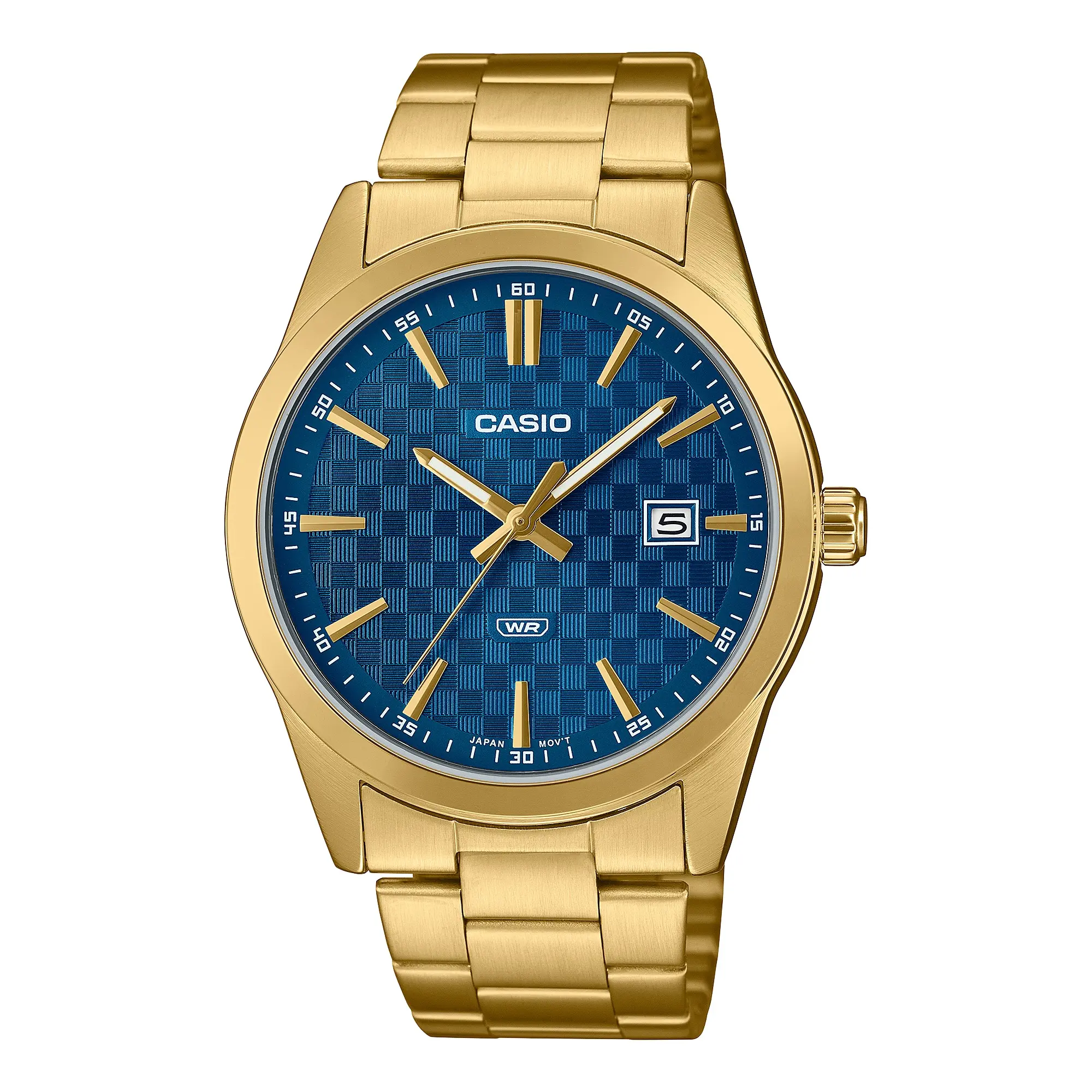 Casio Men’s Gold Analog Watch with Blue Pattern Dial and Date Display - MTP-VD03G-2A