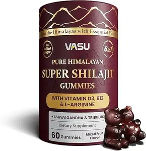 Vasu 6 in 1 Pure Himalayan Gold Shilajit Gummies for Men & Women with Vitamin D3 & B12, L-Arginine, Ashwagandha & Tribulus - Sugar Free Shilajit Resin - 60 Counts for Energy Support - Lab Tested