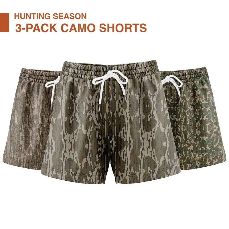 Pack 3 Camo Hunting Season Shorts  - 5 Inch Inseam Camo Mesh Design for Men & Women Ideal Gym Wear Streetwear Running wear & Gifts Breathable & Comfortable