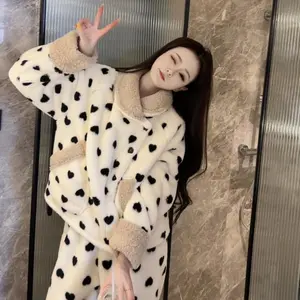 Polka Dot Women Pajamas Set Winter Sleepwear Fleece 2 Piece Pant Home Suit Korean Solid Piiama Warm Pocket Night Wear Female New