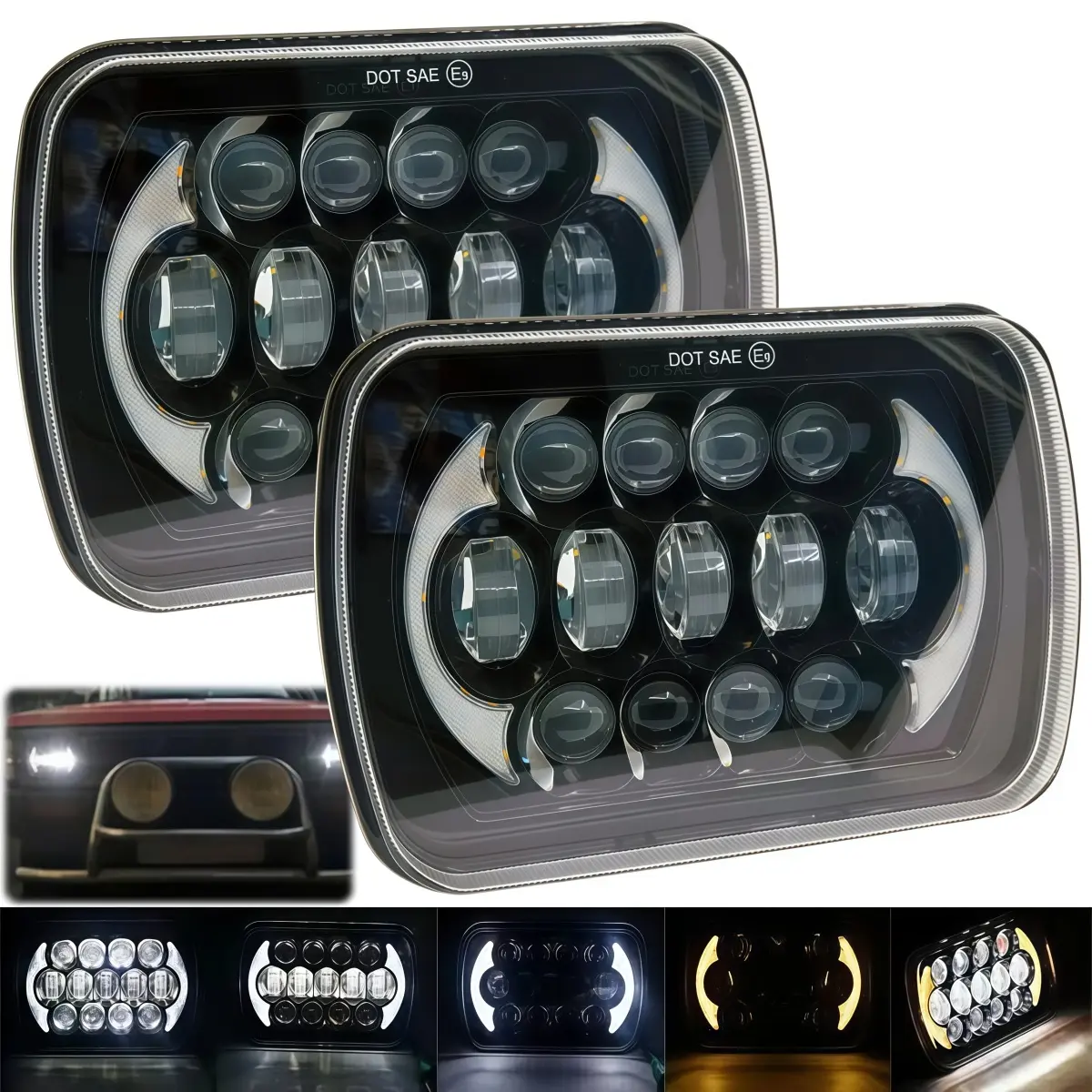 1-Pair 5x7/7x6 H6054 LED Headlights for Honda 1982-1985 Civic,1986-1989 Accord - Car Lighting, Rectangle Left & Right Headlamps, Hi/Low Sealed Beam, DRL, H4 Plug, H5054 Compatibility