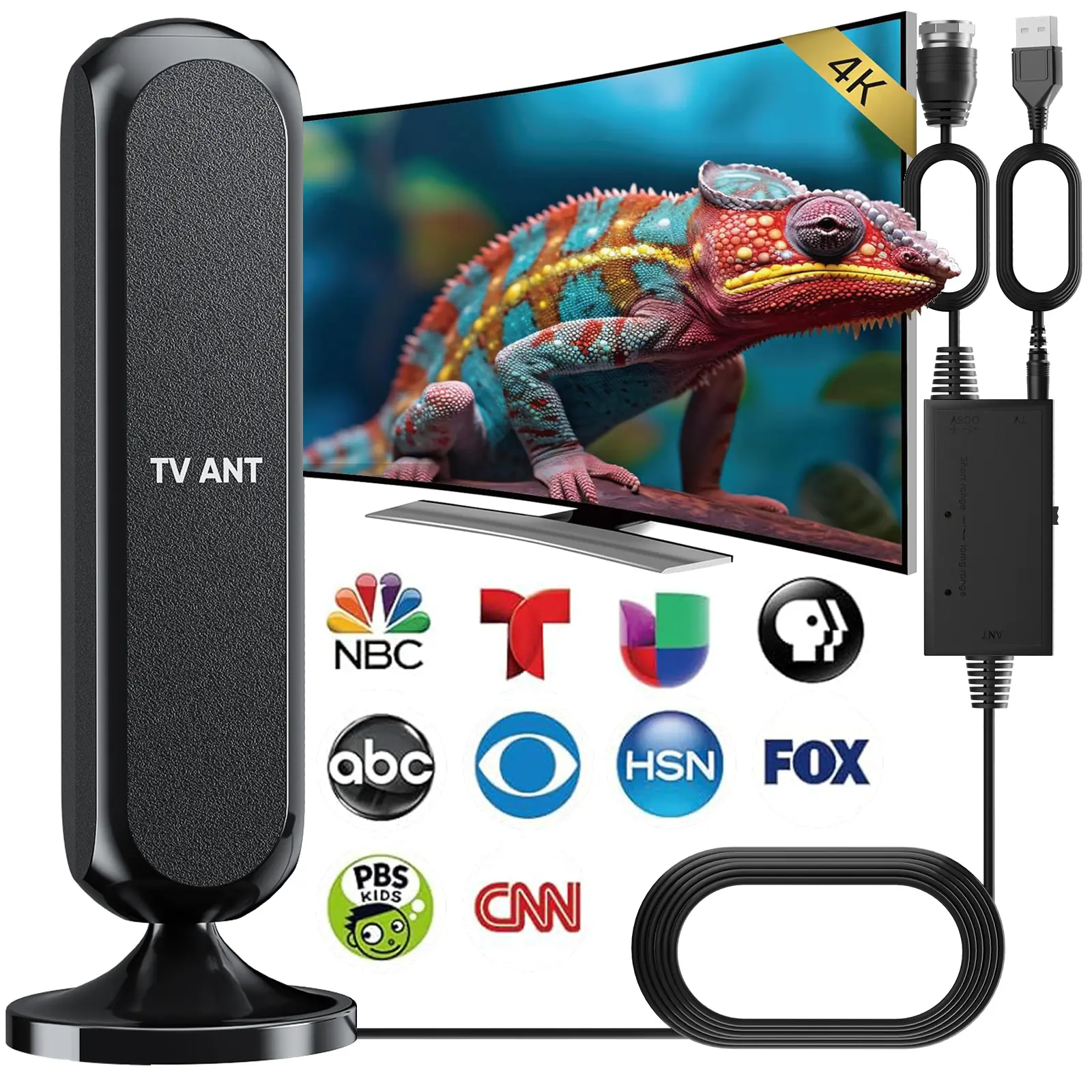 4K TV Antenna for NBC, T, U, ABC, HSN, FOX, PBS Kids, CNN Channels - High-Quality Signal Reception - Easy Setup & Use
