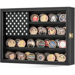 Challenge Coin Display Case 11x15IN, Military Medal Shadow Box HD Acrylic Glass 2 Groove Shelves, Retro Coin Holder with American Flag for Casino Poker Chips Exquisite Souvenirs