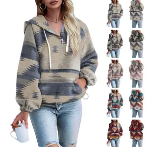 Imily Bela Womens Aztec Half Zip Up Hoodies Sweatshirt Casual Long Sleeve Oversized Ethnic Tribal Hooded Pullover Shirt To