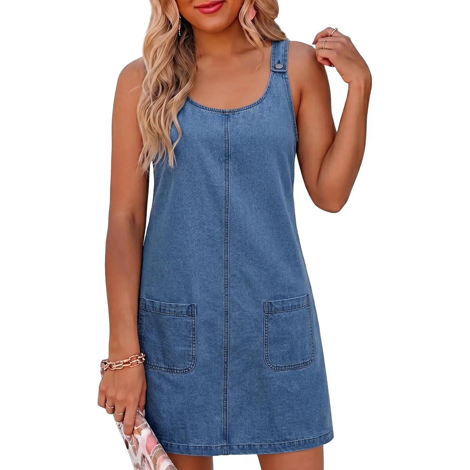Women's Sleeveless Everyday Viscose Fabric T-Shirt Crew Neck Casual Denim Jean Overall Dress, Western Cowgirl Outfits