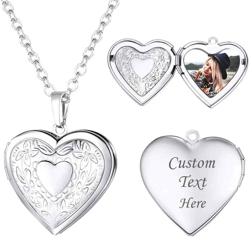 Women Locket Necklace, Heart Photo Lockets Hold Picture, Gift Box Packed | Gold/Silver/Rose Locket Charm, Custom Picture and Engravement Heart Pendant, 20" Chain, Personalized Gift for Mom Wife Friend