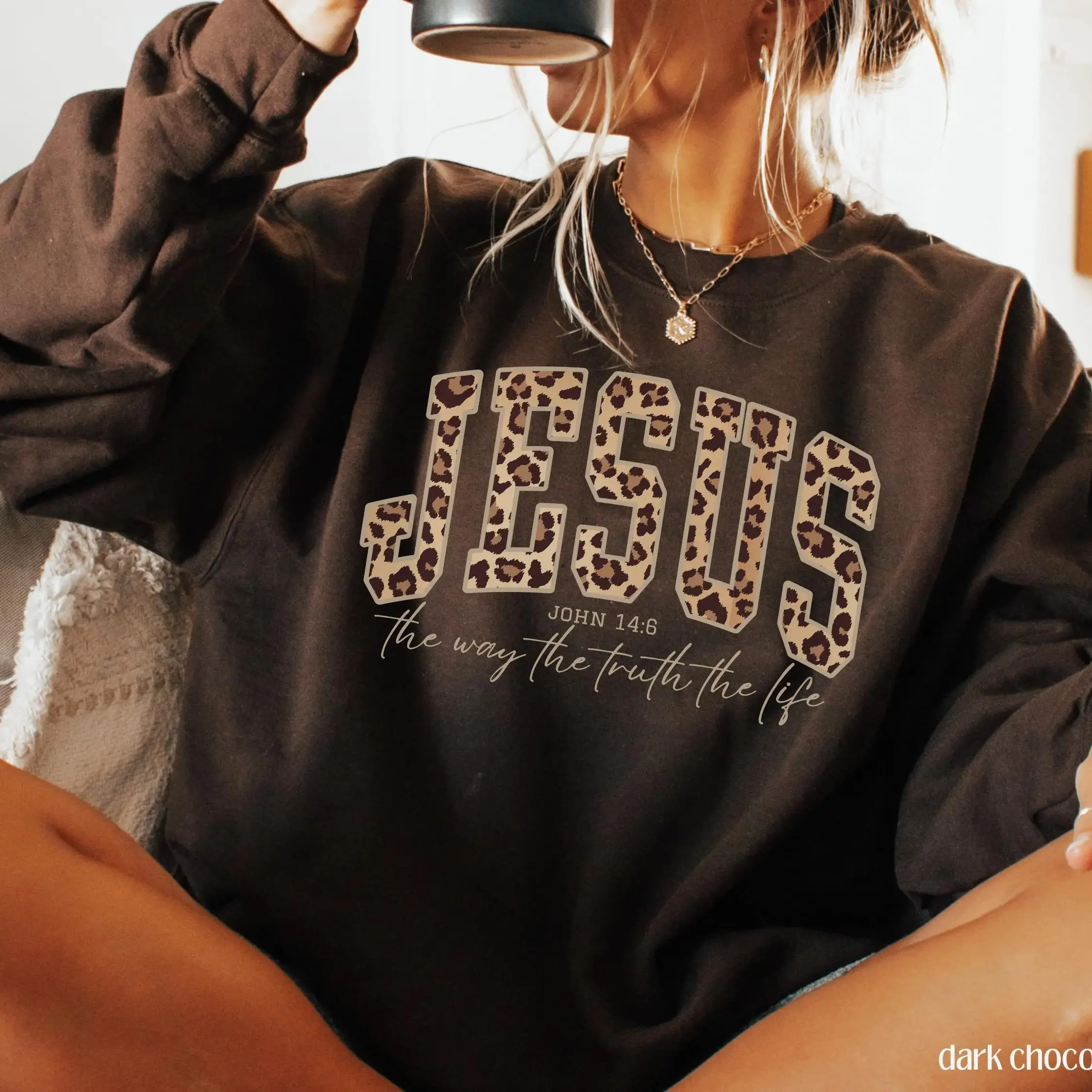 Christian Jesus Sweatshirt, Cheetah Print Bible Verse Tshirt, Trendy Faith Apparel Gift, Jesus Loves You, The Way The Truth The Life