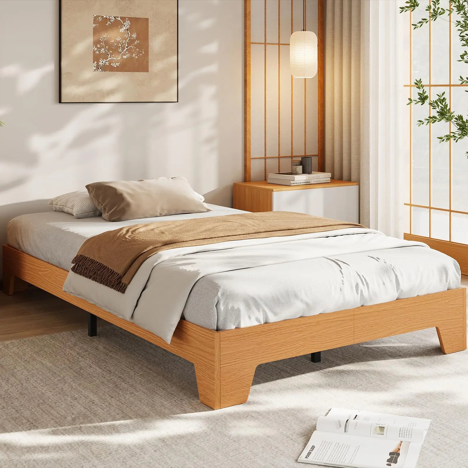 Garvee Full Size Platform Wood Bed Frame with Strong Wooden Slats, No ...