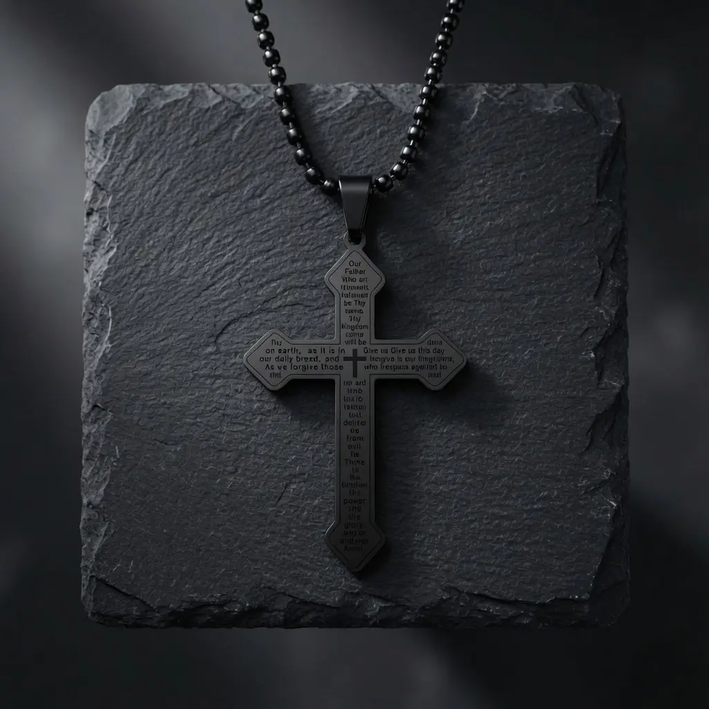 Unisex Matte Black Engraved Cross Pendant Necklace - Dark Aesthetic Minimalist Chain Jewelry, Casual Daily Streetwear Cross Relief Costume Jewelry Gift, Chain Jewelry Necklaces, Cross Relief Necklaces