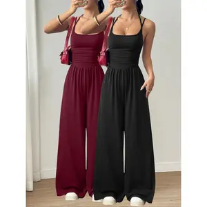 Women's 2-Piece Spring Summer Casual Adjustable Strap Fitted Wide Leg Jumpsuit, Flowy Wrinkled Design for Comfort and Style, Contemporary, Outdoor, Stretchy, Minimalist Chic, Waist Cinching, Curve Hugging