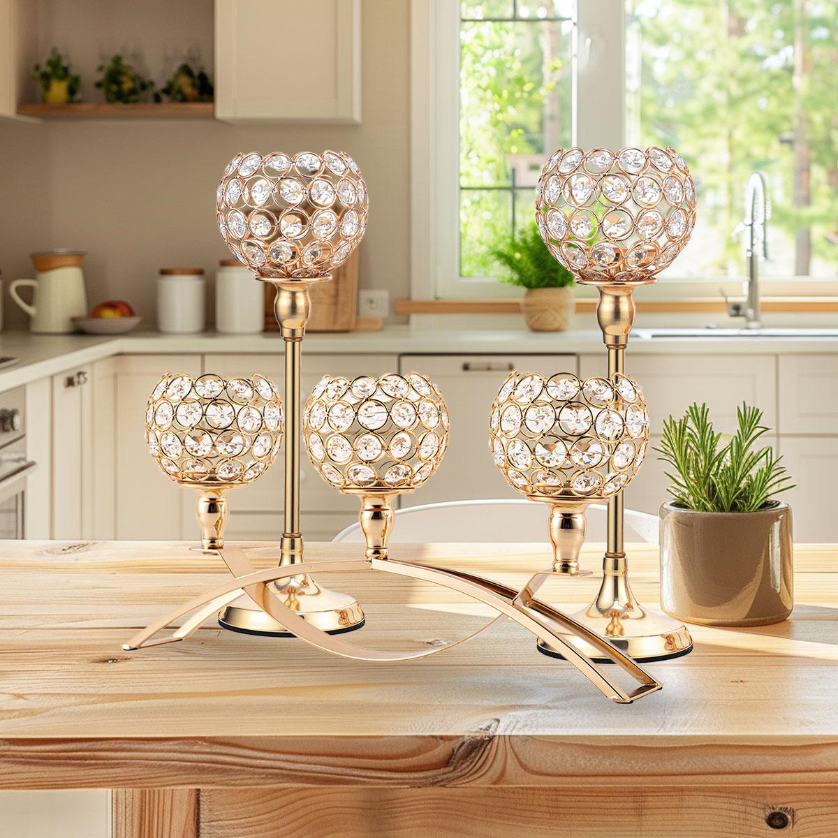 3Pcs Gold 3-Arm Tealight Candle Holders, Candlestick Candelabra Stand Wedding Table Centerpieces & Home Decor for Living Room Fireplace, Holiday Party Use
