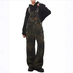 Vintage Leopard Print Cargo Denim Overalls for Women, New Autumn Vintage Straight-Leg Jumpsuit Pants Womenswear Comfort Trouser Sleeveless Dress Tops Clothes Elegant Casual Pieces Soft Gamis Strap Strappy