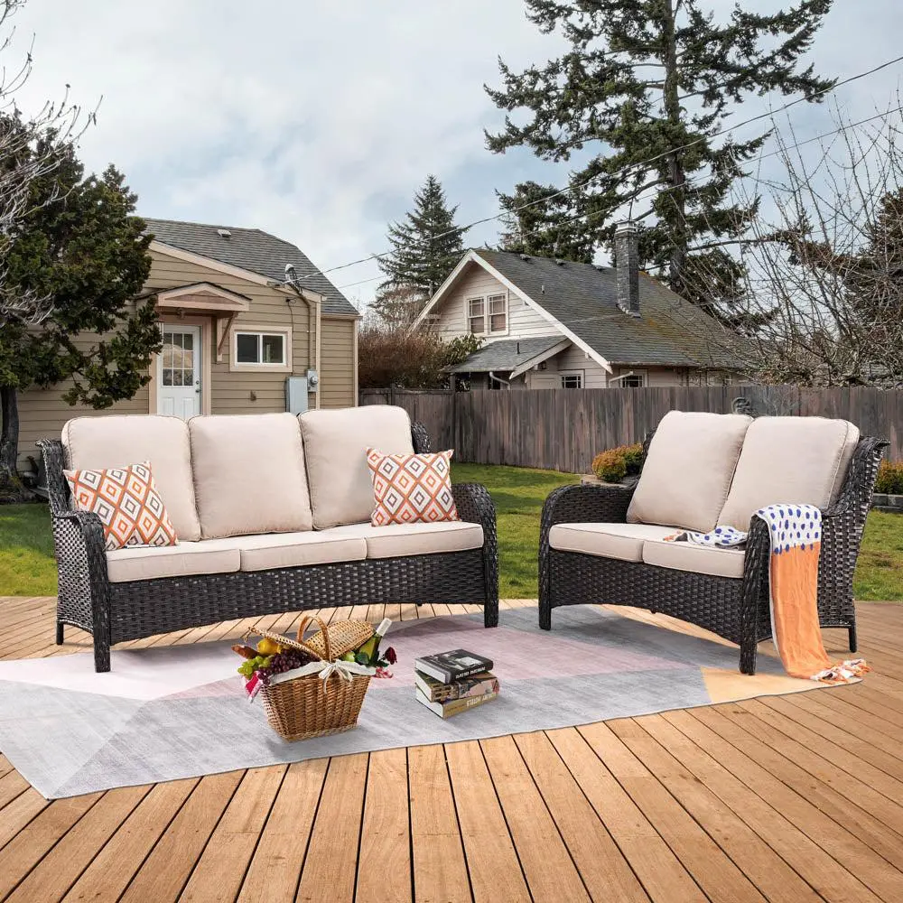 【Summerfinds】OVIOS Kenard 2-Piece Outdoor Patio Conversation Set with Loveseat & Three-Seat Sofa, Wicker Sofa Set with Cushions for Backyard Patio Porch Deck Garden Balcony Outdoor Seating Furniture Set