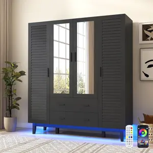 2/3/4 Door Armoire Wardrobe Closet Cabinet with Drawers and LED Lights, Multi-Tier Shelves, Hanging Rod & Louver Doors, Large Capacity Storage Wardrobe Armoire for Bedroom(Black/white)