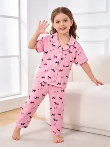 Girls' Summer Pyjamas Set, Cute Cartoon Pattern Design, Loose Fit Short Sleeve Long Pants, Perfect for Home Comfort Nights