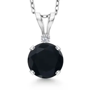 Gem Stone King 14K White Gold Black Onyx and Lab Grown Diamond Pendant Necklace for Women | 0.82 Cttw | Gemstone December Birthstone | Round 6MM | With 18 Inch Silver Chain
