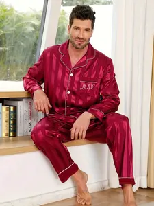 Men's Striped Embroidered Silk Pajama Set, Comfortable Casual Button Front Shirt and Elastic Waist Pants, Spring & Fall Fashion