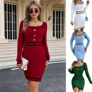 Women's Striped Print Button Decor Raglan Sleeve Sweater Dress Casual Long Sleeve Square Neck Bodycon Knit Dress for Spring & Fall Women's Knitwear for Daily Wear Casual Dresses