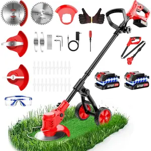 Electric Weed Wacker Cordless, 4000mAh Weed Eater   with Wheel, 4 in 1 Grass Trimmer/Heavy Duty Brush /Lawn Edger/Weed Trimmer, No String Trimmer with , 2  Garden Tool