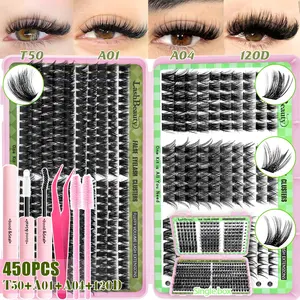 450Pcs Eyelash Clusters, 4 Style False Eyelashes with Bond & Seal, Tweezers and 2 Brush, Mixed Length 10-18mm Volume Cluster Lashes, 0.07mm D Curl Eyelash Extensions, Lash Styles, Volumized False Eyelashes, Voluminous Lashes