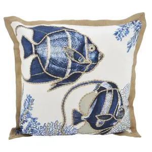 212 MAIN 20 in. Neptunian Square Go Fish Down Filled Throw Pillow - 100% Cotton, Natural, Fish Print, Sea Life Motif, Coastal Home Decor