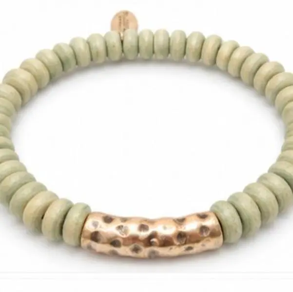 Plunder Sage Wooden Beaded Stretch Bracelet with Hammered Gold Accent
