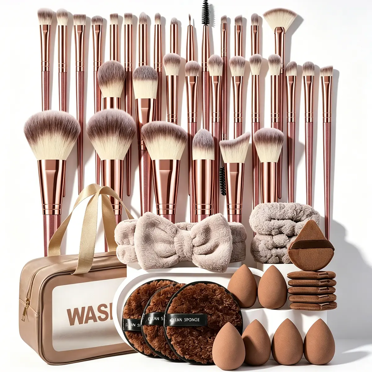 Dusty Pink Rose Gold Makeup Brush Set Soft Synthetic Face Eye Brow Spoolie Brushes All In One Beauty Kit With Large Cosmetic Wash Bag Beauty Sponges Triangle Powder Puffs Plush Hair Accessories Complete Makeup Tools For Beginners Daily Travel Makeup