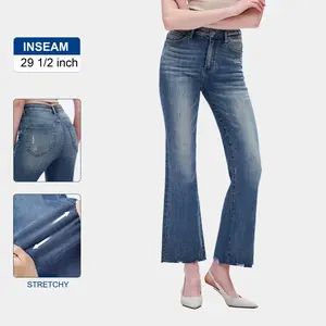 Mid Rise Flare Jeans  Plain Pattern All Seasons Above the Ankle Hem Premium Denim for Versatile Everyday Wear