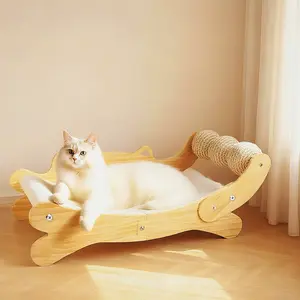 3-in-1 Cat Scratcher Bed for Indoor Cats Sisal Scratcher & Hammock Lounge with Solid Wooden Perch, No-Tip Stable Base for Large Cats, Durable Cat Scratch Pad & Cat Furniture (Easy Assembly)