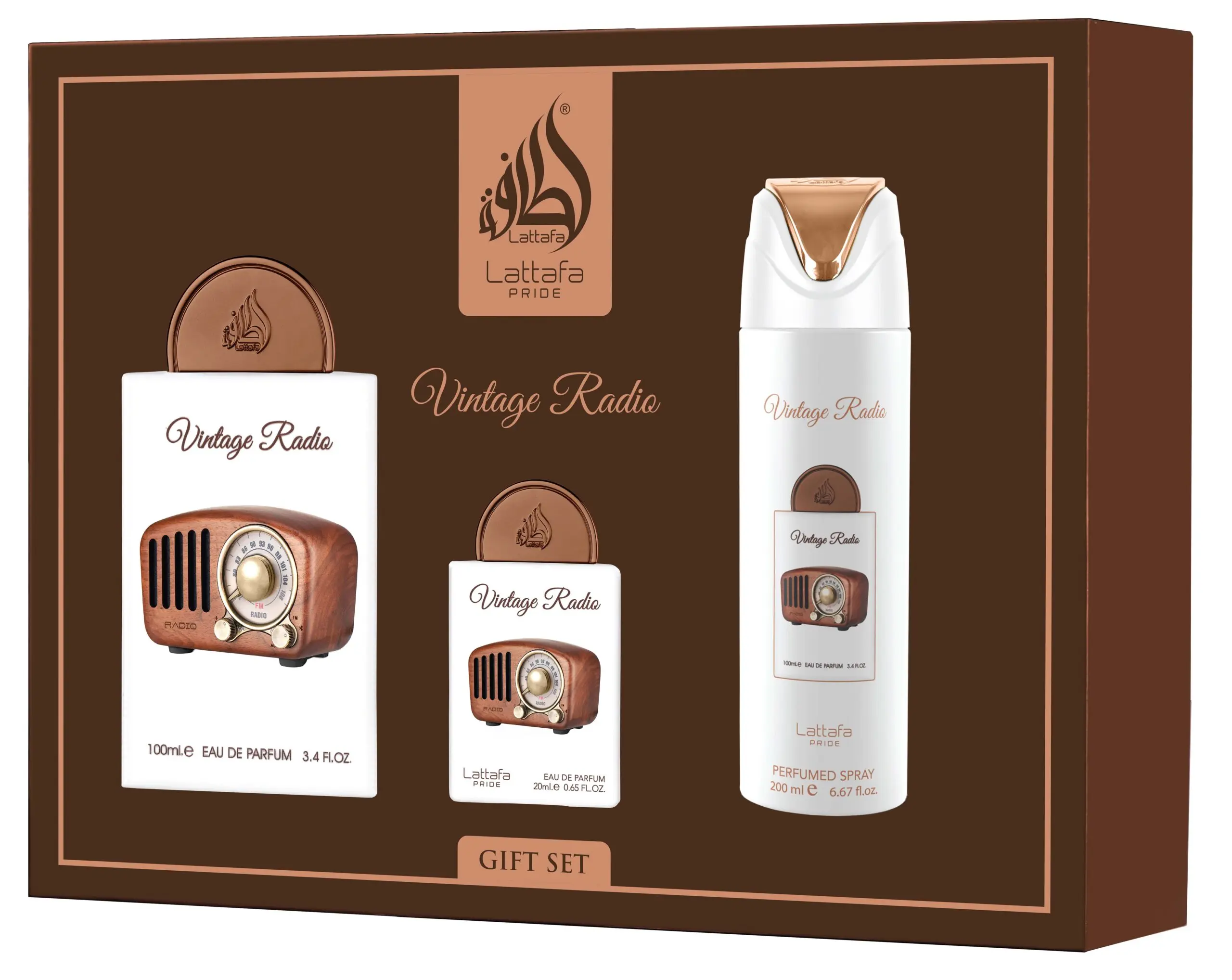 (3pc Gift Set) Vintage Radio 3.4oz EDP + Vintage Radio 20ml + 200ml Vintage Radio Deodorant Spray by Lattafa Pride