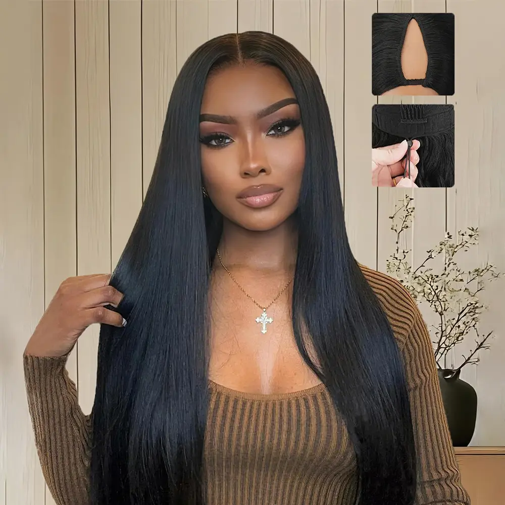V Part Wigs Human Hair 180% Density Straight Upgrade U Part Human Hair Wigs with Drawstring No Leave Out No Sew Glueless Clip In Half Wig Human Hair (Natural Black, 18 Inch)