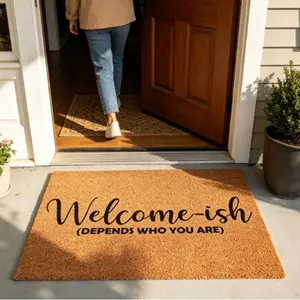 Funny Welcome Doormat, Ish Depends Who You Are and How Long You Stay Anti-Slip Entrance Door Mat, Rubber Back Indoor/Outdoor Floor Mat for Home & Room Decoration, Area Rug Doormat for Entryway Living Room Bedroom Dining Room Kitchen Geometric Interlocking
