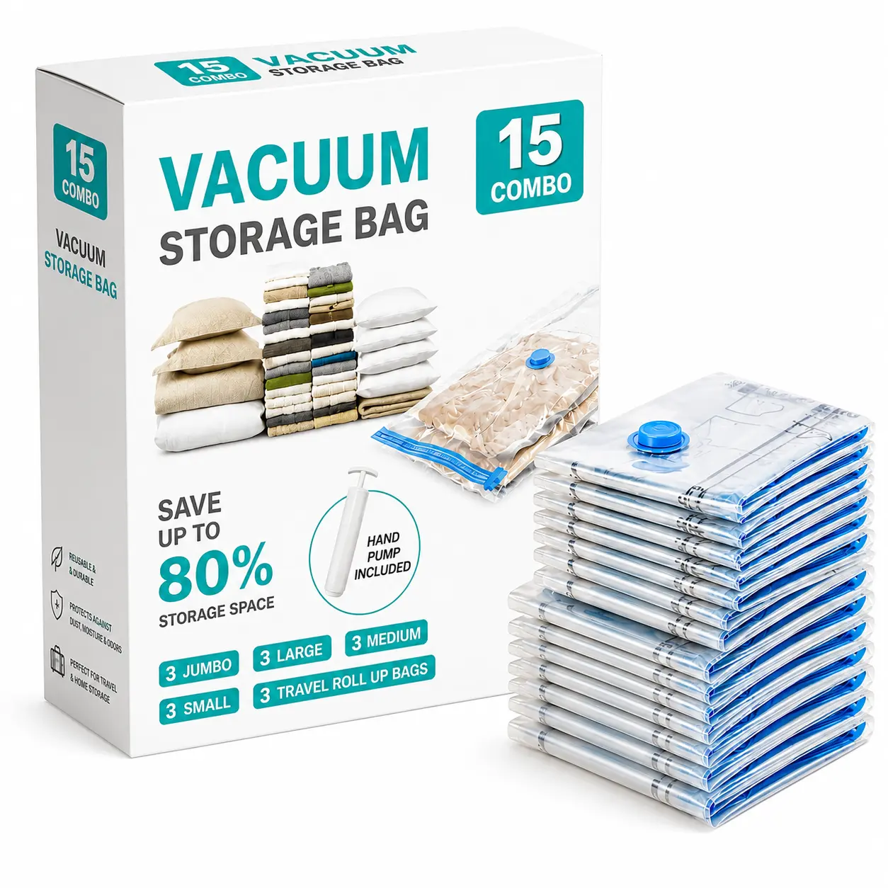 15 Pack Vacuum Storage Bags with Hand Pump – Space Saver Vacuum Seal Bags for Clothes, Blankets, Comforters & Travel Luggage – Reusable Compression Bags (Jumbo, Large, Medium, Small & Roll-Up Bags)