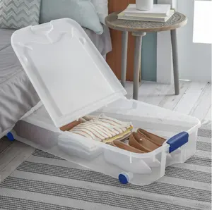 Storage Bin, 66 Quart Clear Underbed Storage Container with Latch Lid and Wheels, Blue
