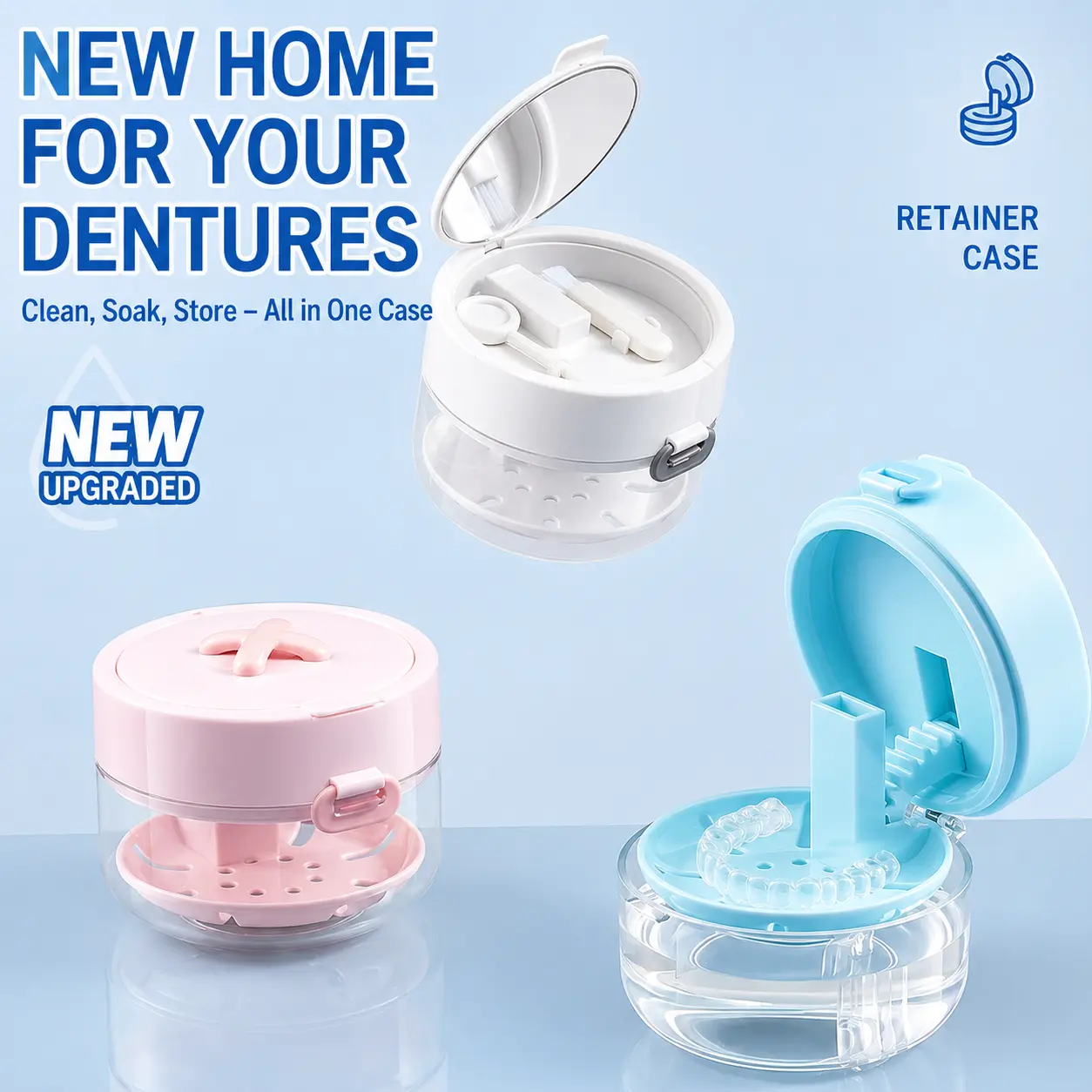 3-in-1 Retainer Case with Mirror & Cleaning Brush, Portable Leak-Proof Retainer Cleaner Box for Invisalign, Aligners, Dentures & Mouth Guards