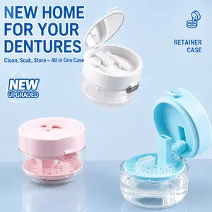 3-in-1 Retainer Case with Mirror & Cleaning Brush, Portable Leak-Proof Retainer Cleaner Box for Invisalign, Aligners, Dentures & Mouth Guards