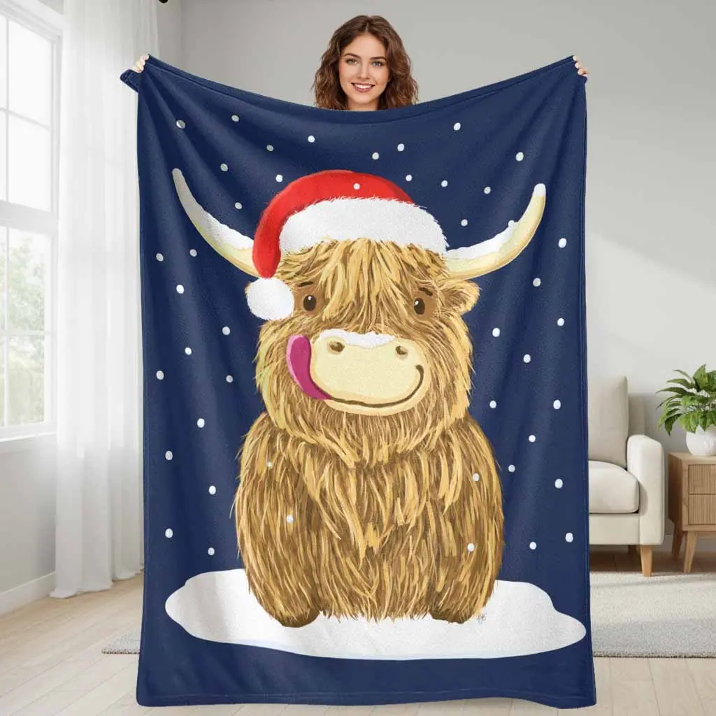 Highland Cow Flannel Throw Blanket Festive Christmas Santa Hat Print Ultra Soft Plush Lightweight Cozy Warmth For Living Room Sofa Bedding Holiday Winter Home Decor Gift