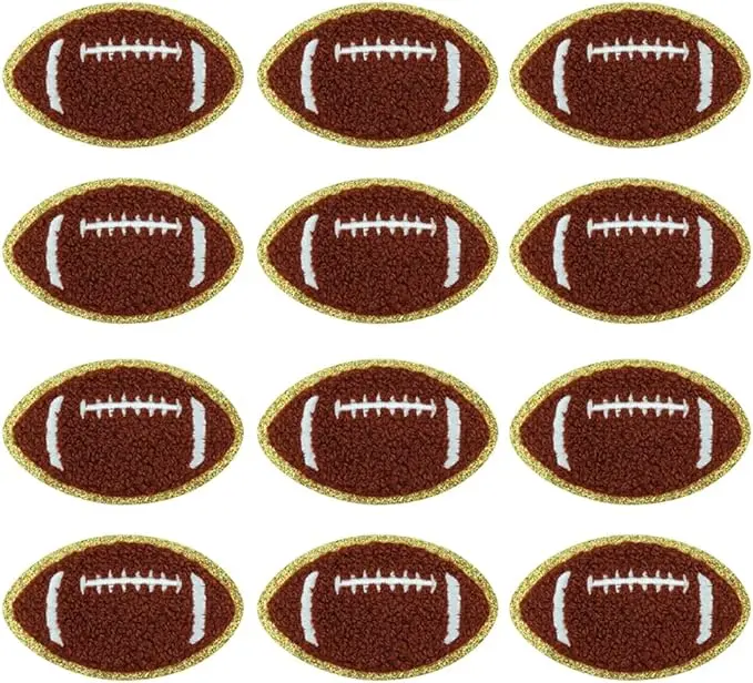12 PCS Football Patch Gold Edges Chenille Football Iron On Patches Football Embroidered Patches for DIY Clothing