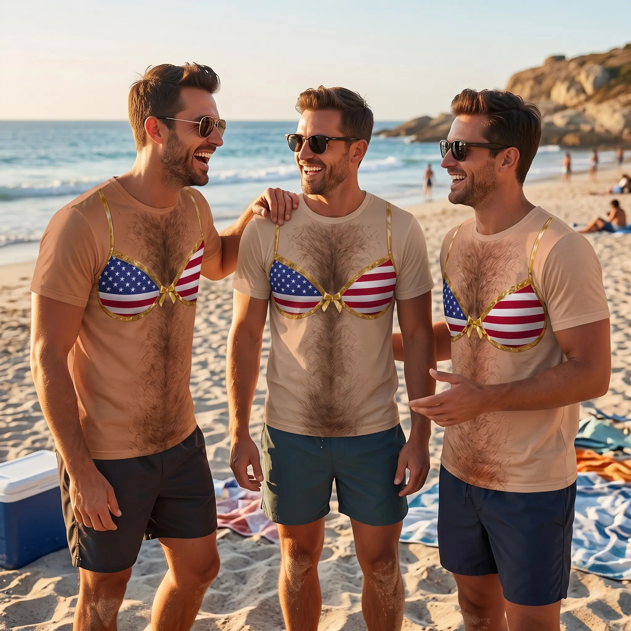 Funny 3D Hairy Chest American Flag Bikini T-Shirt Men Patriotic Graphic Tee, 3D Hairy Body Swimsuit Shirt, Funny Patriotic Mankini Tee, USA Flag Costume Shirt,  Gag Gift for Men, Abs Men Shirt