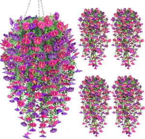 4PCS Artificial Hanging Flowers for Outdoors, Fake Hanging Plants Outdoor UV Resistant Faux Petunias Eucalyptus Realistic Silk Flowers for Planter Porch Garden Balcony Yard Indoor (Purple Fuchsia)