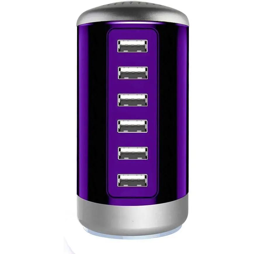 6-Port Fire-Resistant Compact Charging Station Hub, Single Outlet Desktop Charger with PowerIQ Smart Identification, ac100-240v 50/60hz, 5V--2.4A Fast Charging for iPhone, iPad, Cell Phones, Tablets, PSP, Camera (Purple)