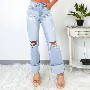 Women??s Blue Light Wash Distressed Women Wide Leg Jeans