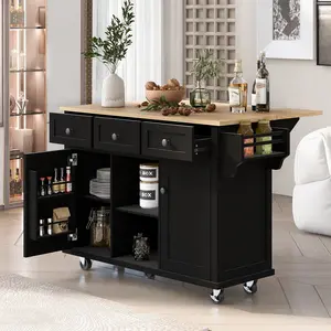 Kitchen Cart with Rubber wood Drop-Leaf Countertop ,Cabinet door internal storage racks,Kitchen Island on 5 Wheels with Storage Cabinet and 3 Drawers for Dinning Room