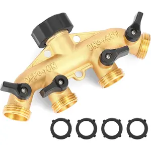 4 Way Heavy Duty Brass Garden Hose Splitter, Hose Connector 3/4", Hose Spigot Adapter with 4 Valves